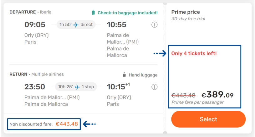 Screenshot of a flight booking where the website announces the original price and only 4 tickets left at a discounted price