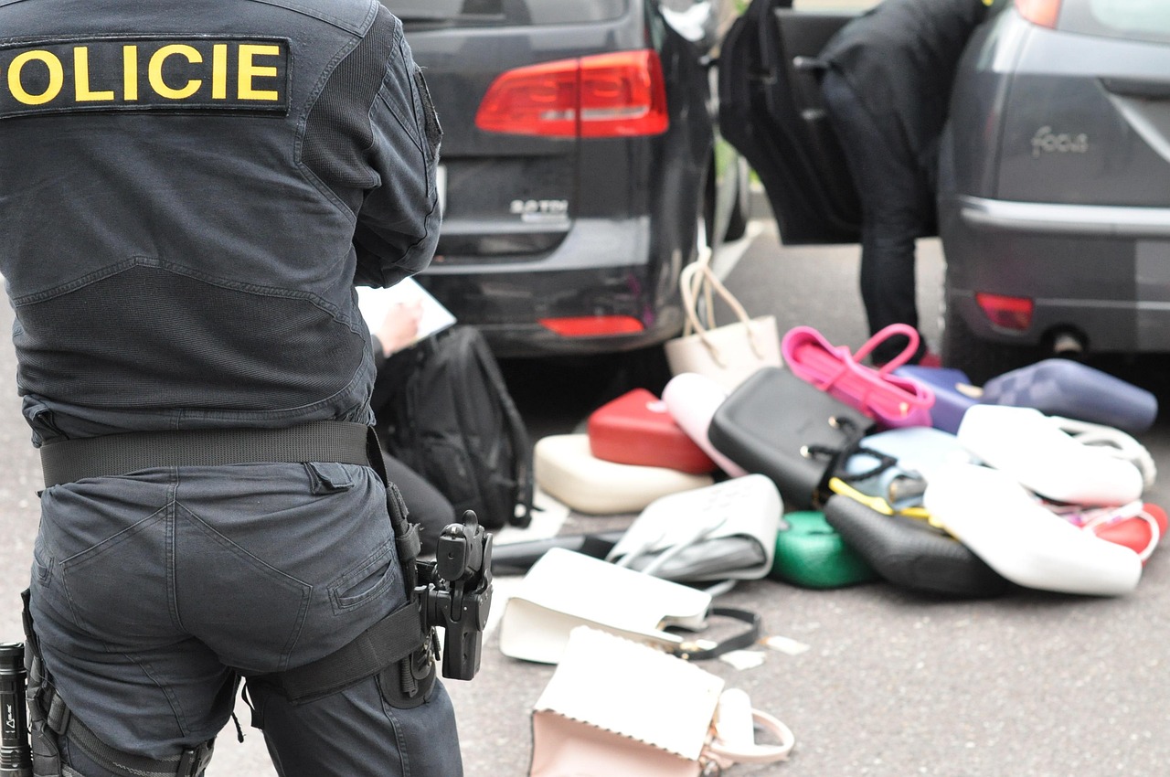 Un policier devant une voiture et un tas de sac de contrefaçon posés au sol