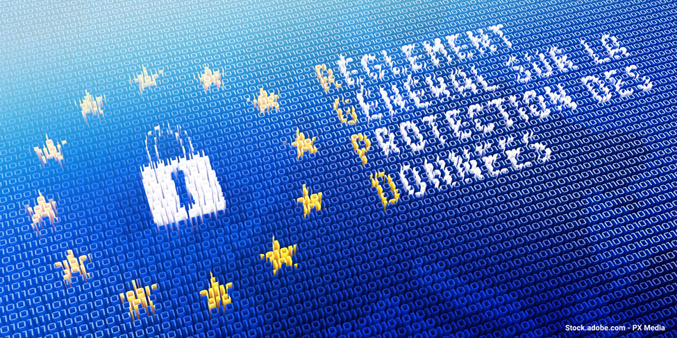 Le Règlement Général sur la Protection des Données à côté d'un cadenas entouré du drapeau européen