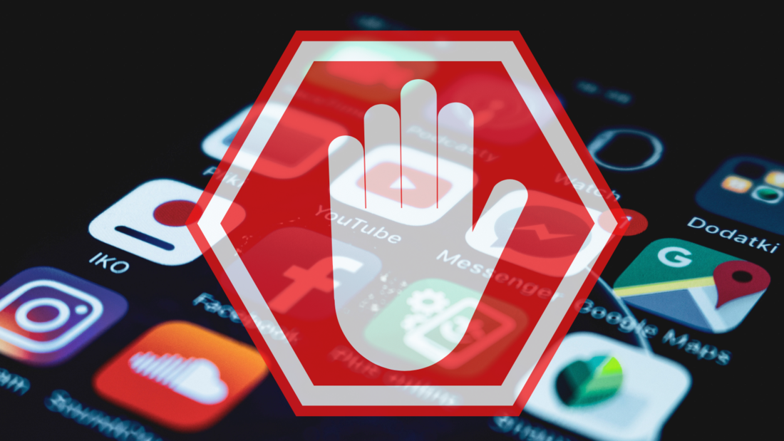 Un panneau stop rouge avec une main blanche sur fond d'écrande téléphone