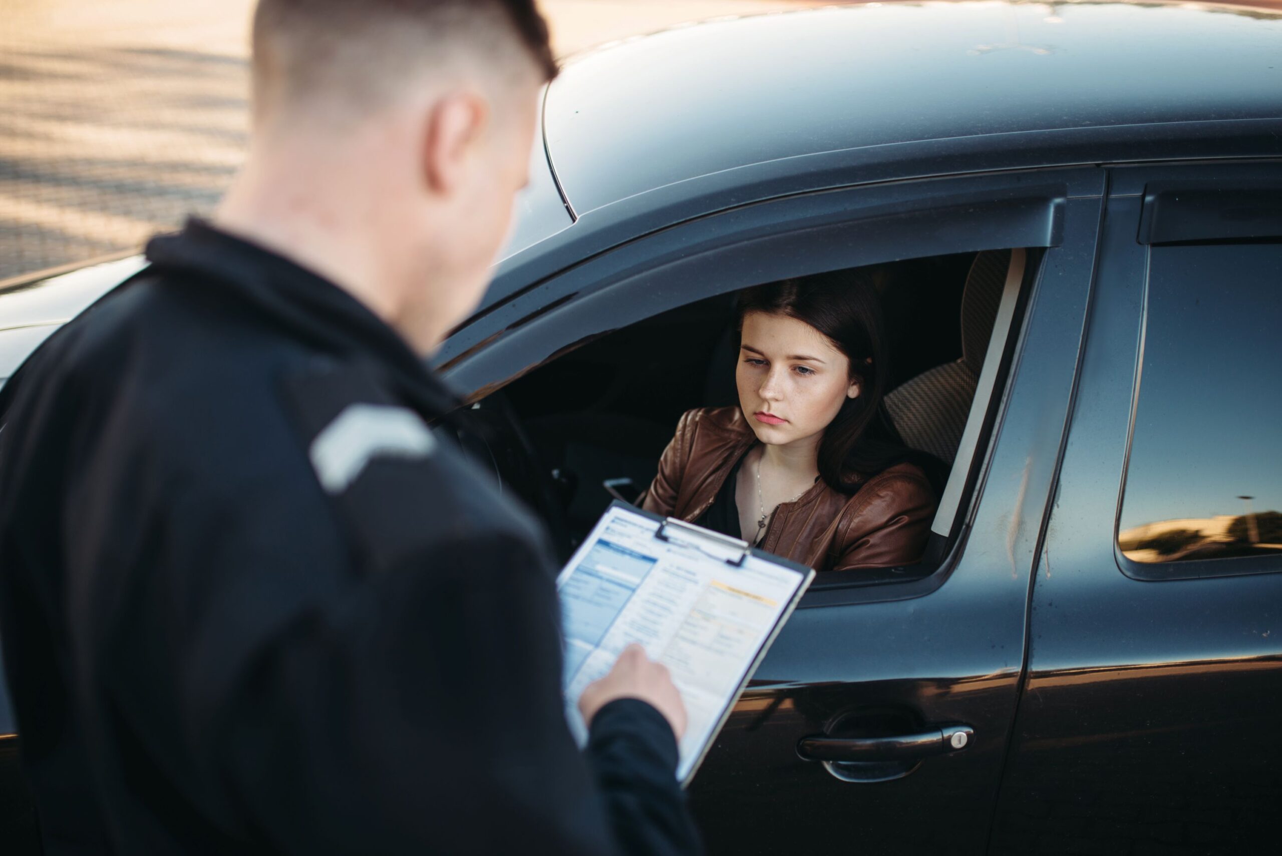 A female driver being issued with a fine