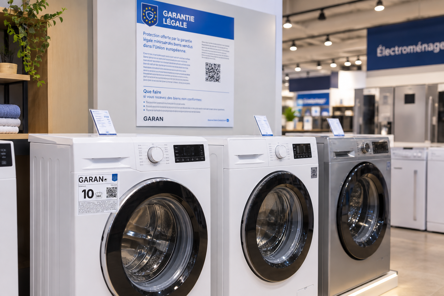 Des lave-linges en vente dans un magasin, l'un affichant le label GARAN et la notice harmonisée européenne sur les garanties.