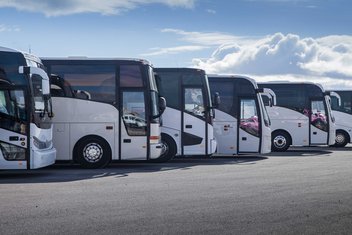 Several white buses are lined up in a parking lot.