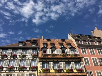 Traditional half-timbered houses and blue sky