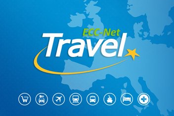 Presentation of the ECC-Net Travel application with its logo and icons symbolising all the areas covered on a map of Europe.