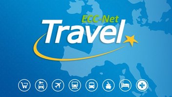 Présentation de l'application ECC-Net Travel avec son logo et les icônes qui symbolisent tous les domaines traités sur une carte de l'Europe.