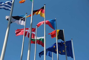Rangée de drapeaux de pays de l'UE qui flottent dans le vent.