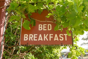 Une affiche indiquand "Bed and Breakfast" entourée de végétation.